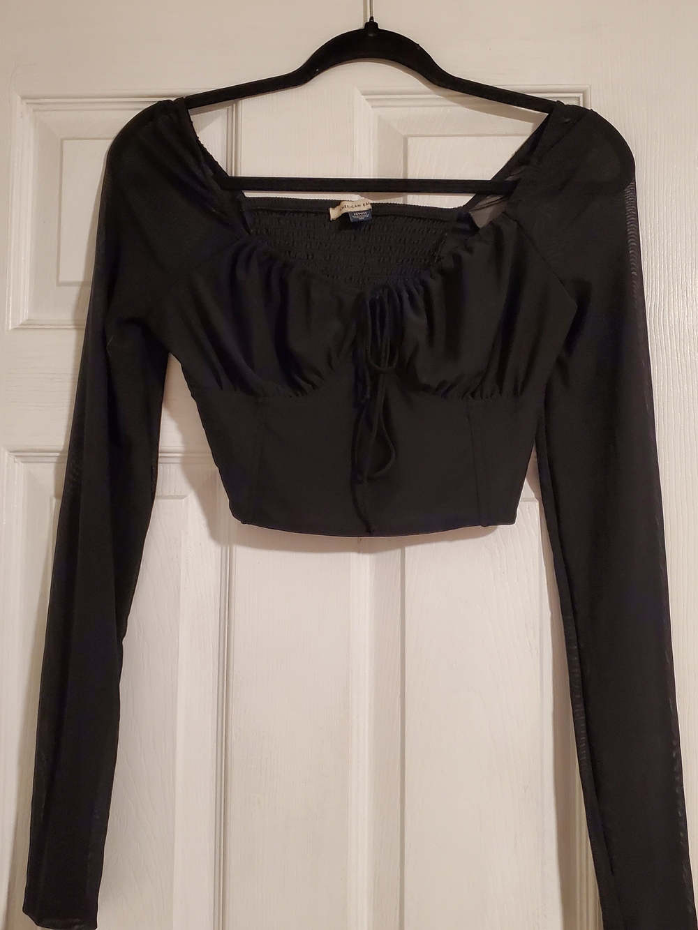 American Eagle Outfitters Going Out  Black Top Long-Sleeve Ruched Tie Crop Top